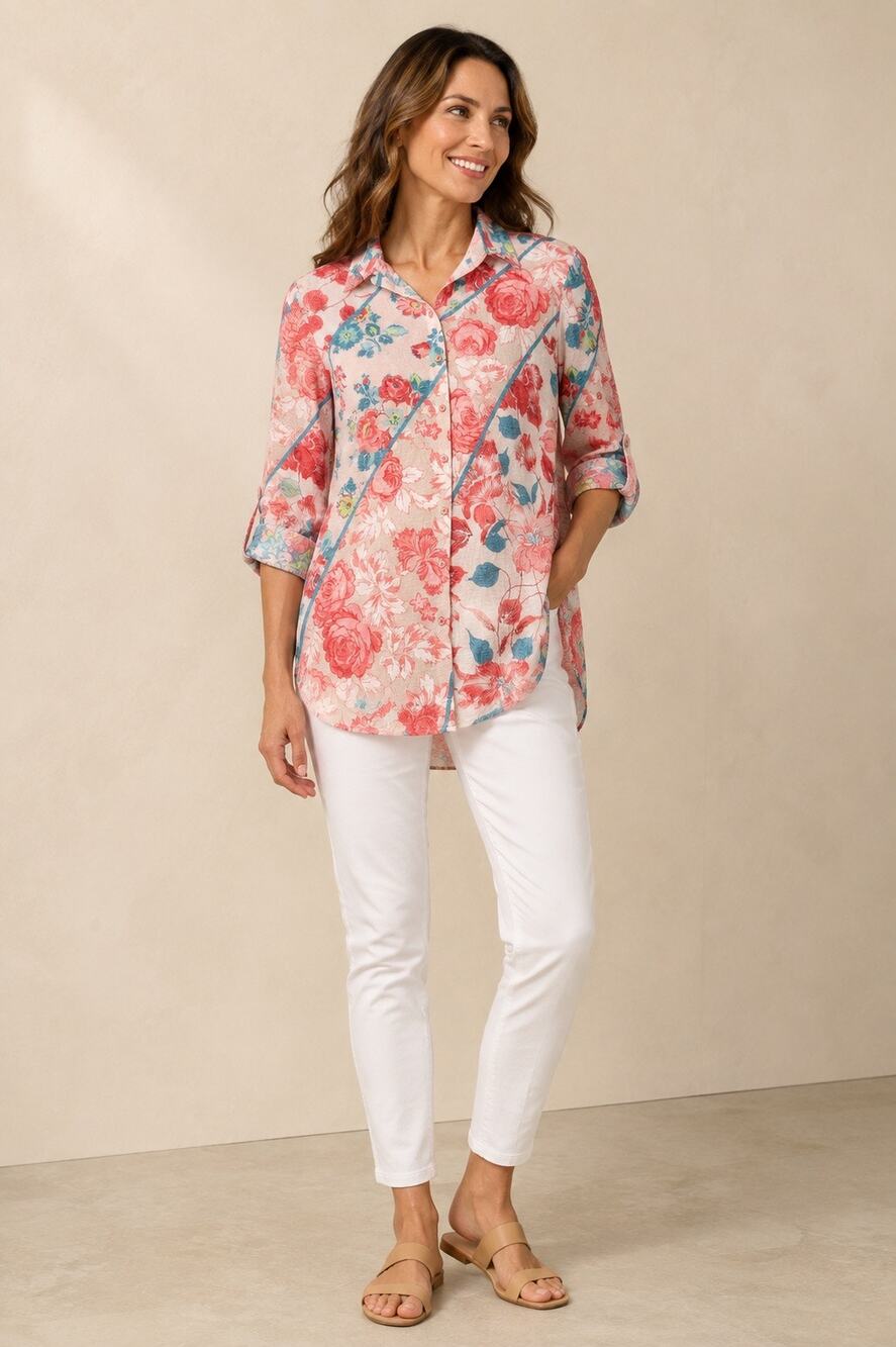 David Cline Women’s Small Floral Patchwork Button-Down Tunic Crinkle Shirt